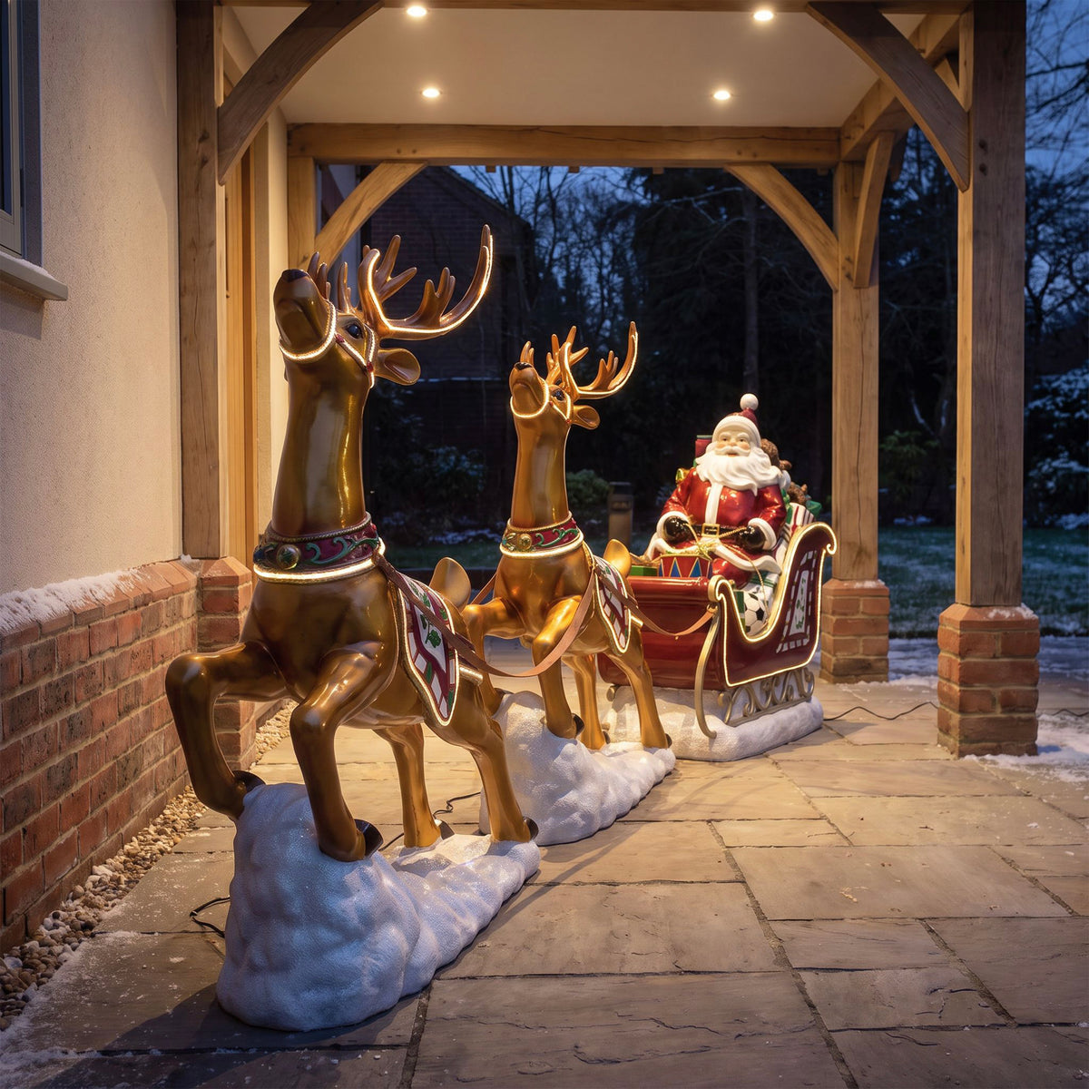 3ft High Christmas Reindeer and Santa Sleigh Set with Warm White LED Strip Lights