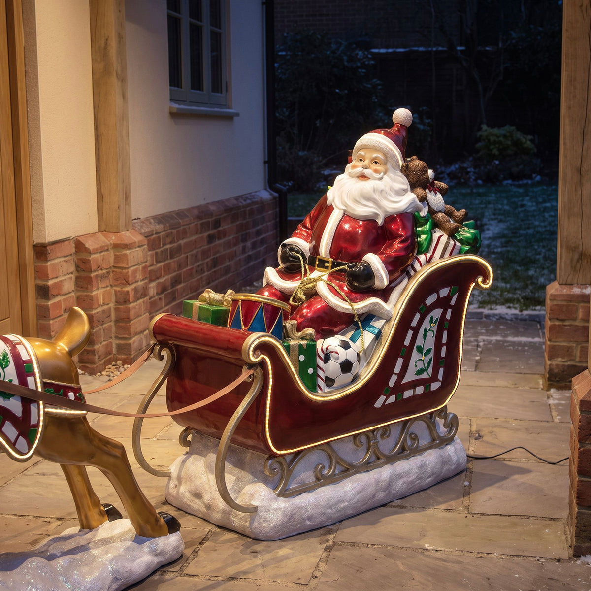 3ft High Christmas Reindeer and Santa Sleigh Set with Warm White LED Strip Lights