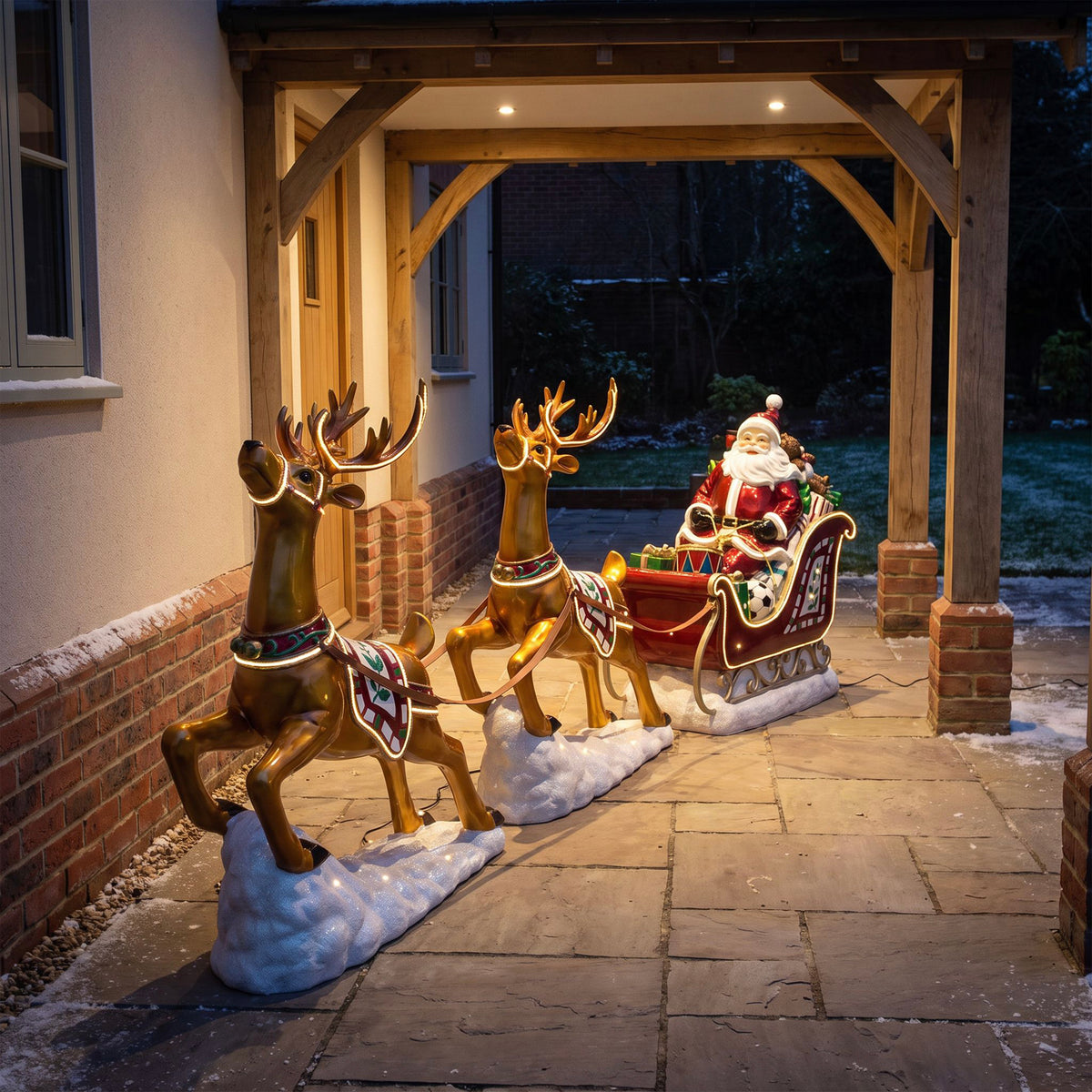 3ft High Christmas Reindeer and Santa Sleigh Set with Warm White LED Strip Lights