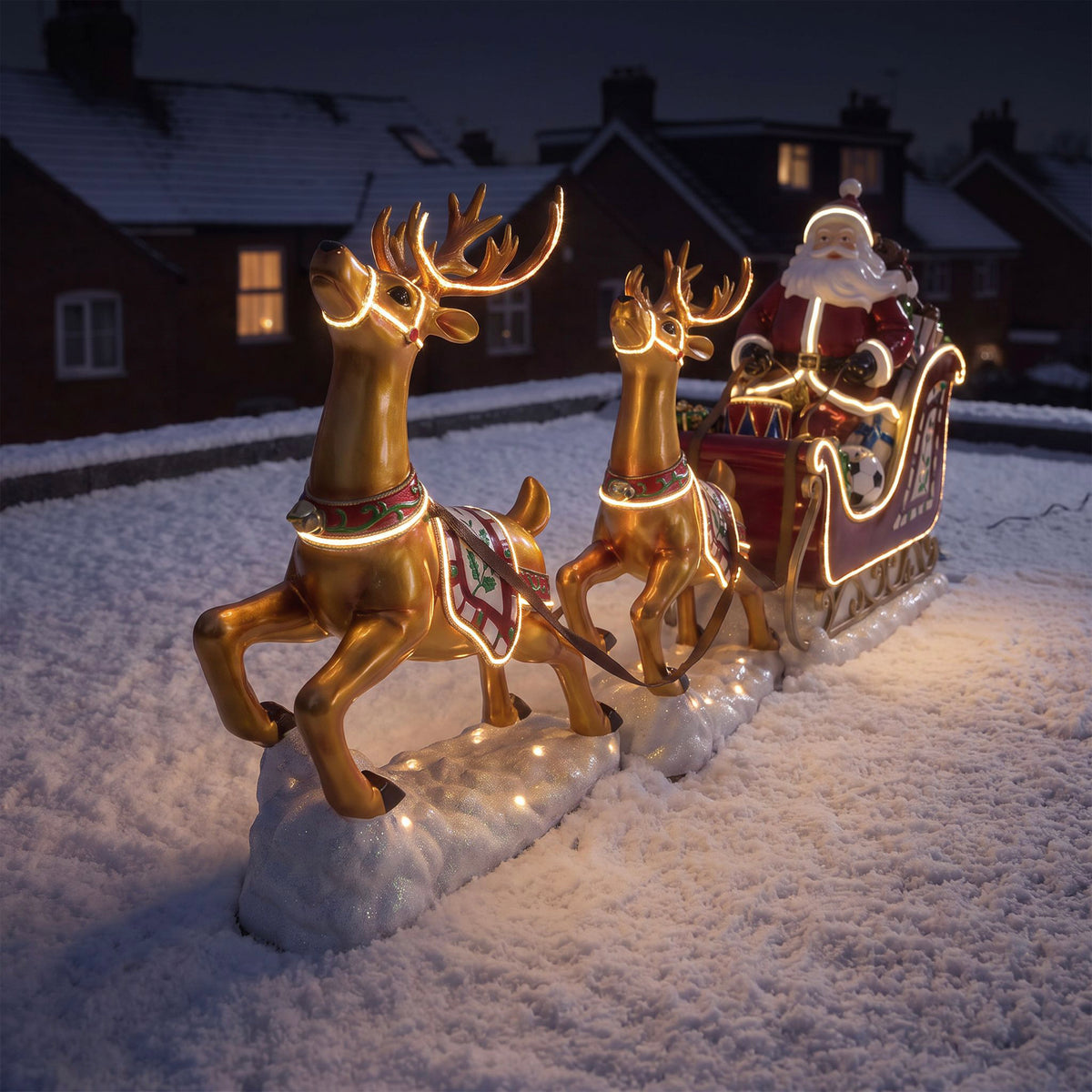 3ft High Christmas Reindeer and Santa Sleigh Set with Warm White LED Strip Lights