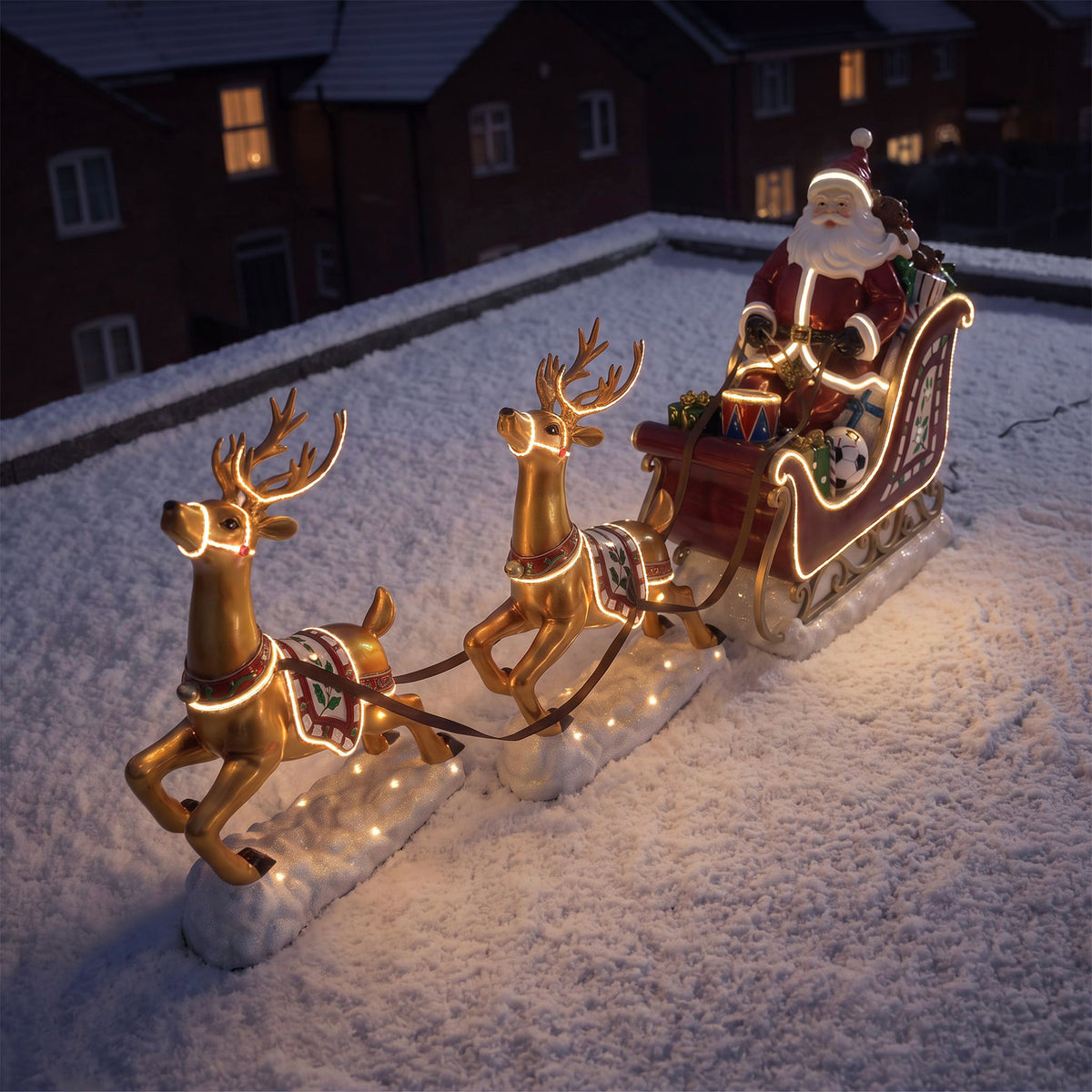 3ft High Christmas Reindeer and Santa Sleigh Set with Warm White LED Strip Lights