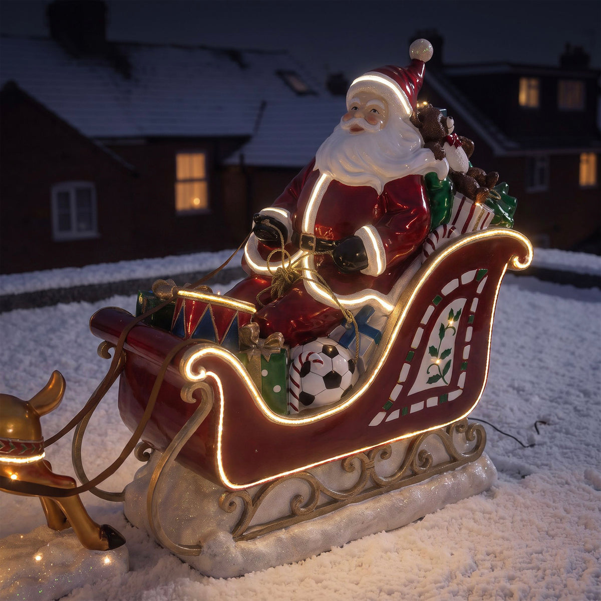 3ft High Christmas Reindeer and Santa Sleigh Set with Warm White LED Strip Lights