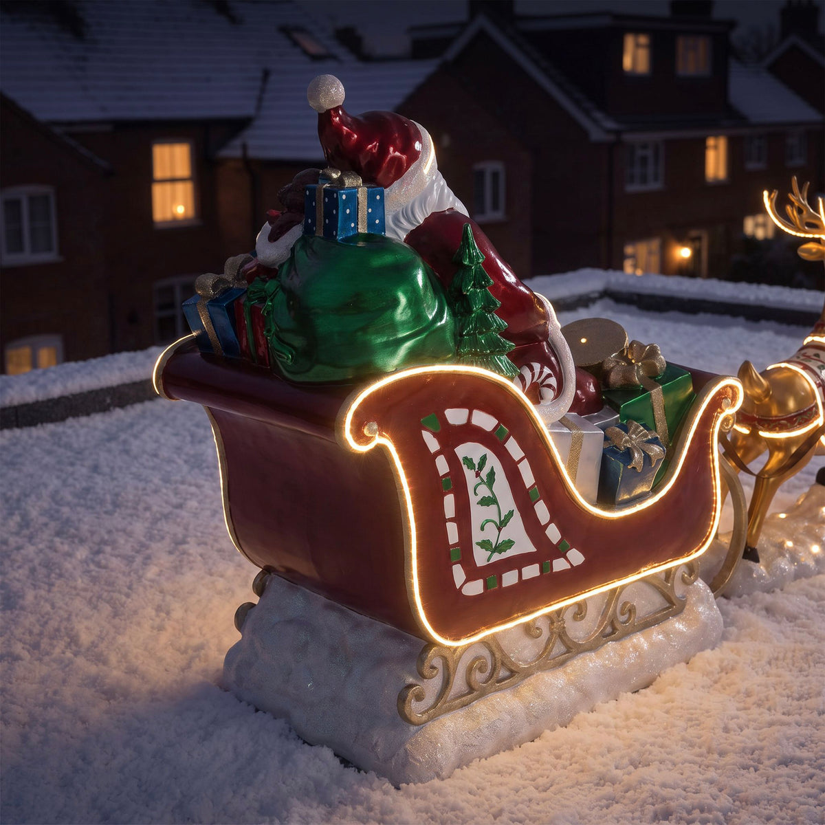 3ft High Christmas Reindeer and Santa Sleigh Set with Warm White LED Strip Lights