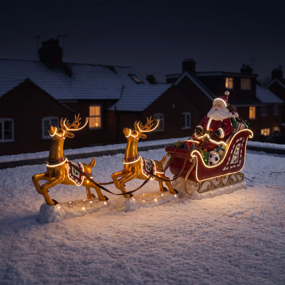 3ft High Christmas Reindeer and Santa Sleigh Set with Warm White LED Strip Lights