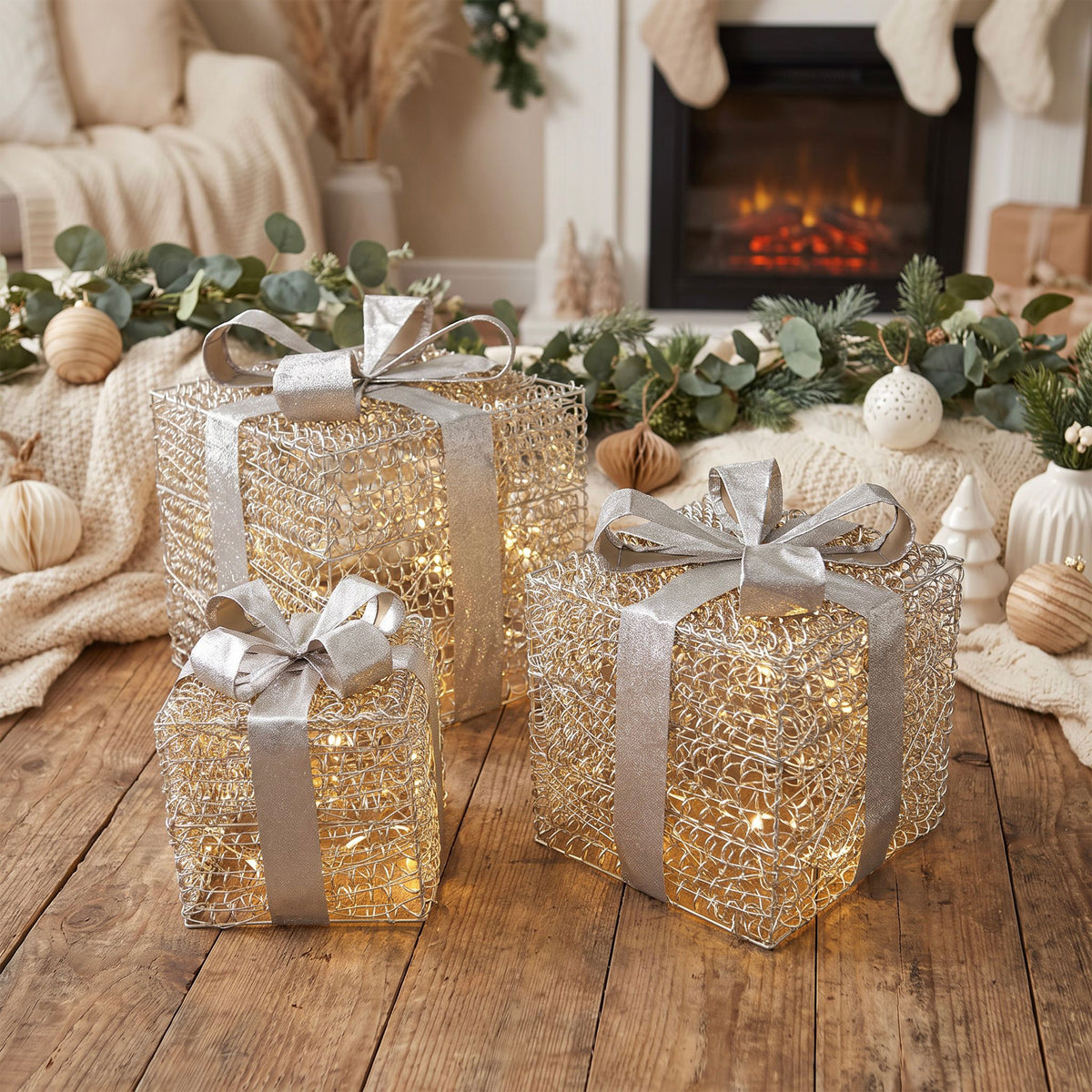 Pre-Lit Christmas Silver Curly Set of 3 Presents with 3000 Warm White LED Micro-Lights