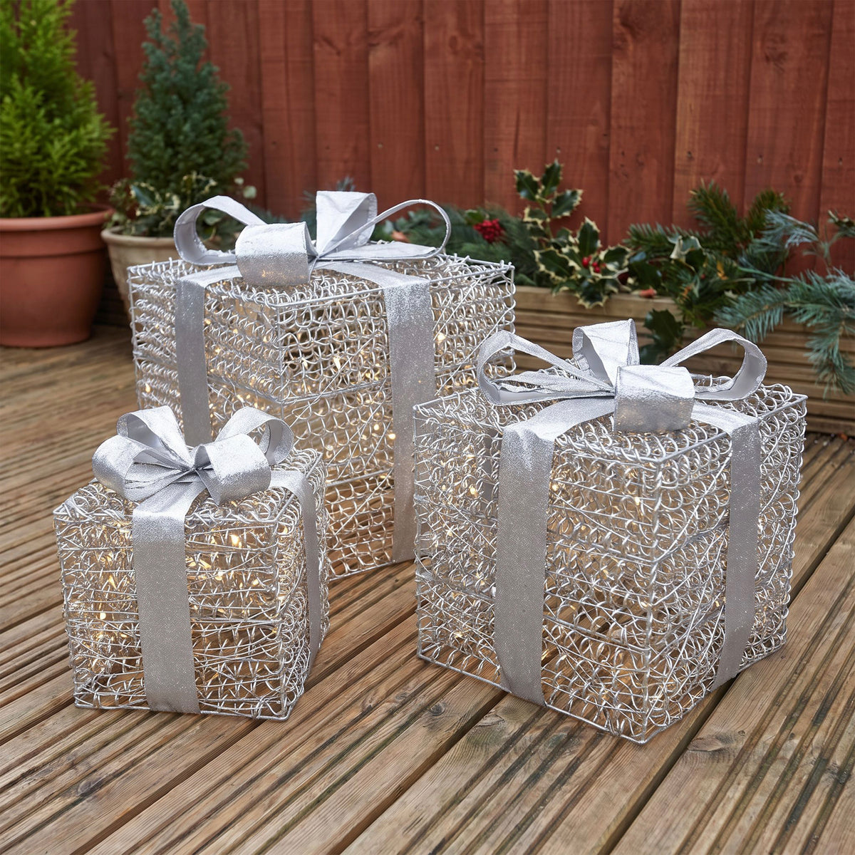 Pre-Lit Christmas Silver Curly Set of 3 Presents with 3000 Warm White LED Micro-Lights