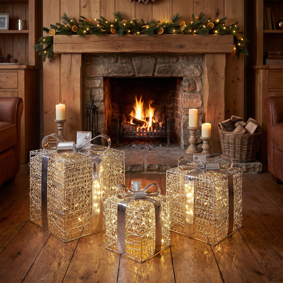 Pre-Lit Christmas Silver Curly Set of 3 Presents with 3000 Warm White LED Micro-Lights