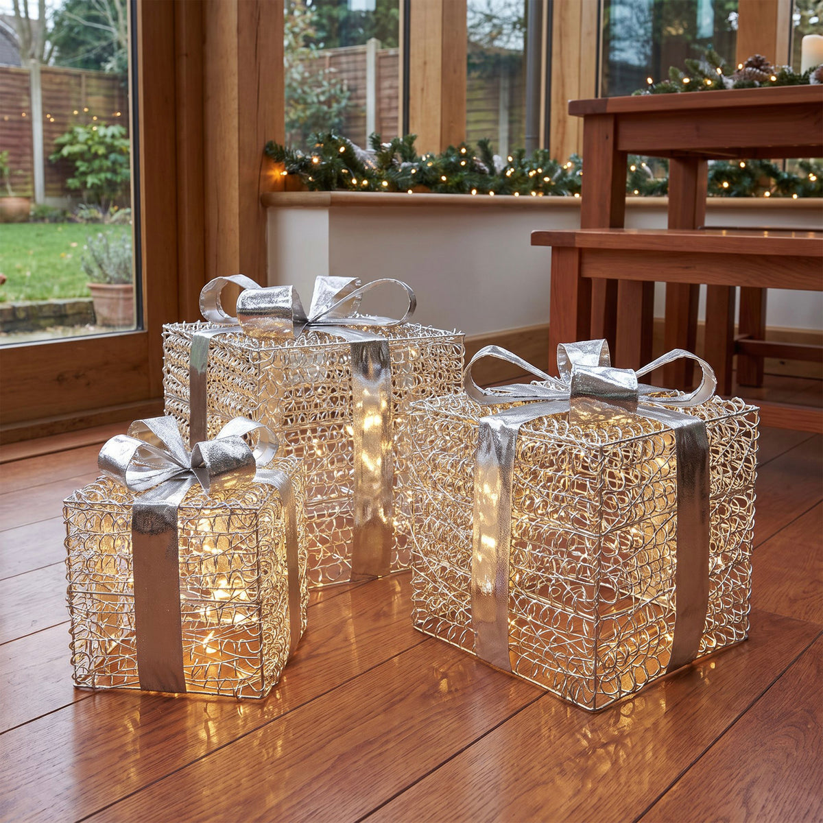 Pre-Lit Christmas Silver Curly Set of 3 Presents with 3000 Warm White LED Micro-Lights