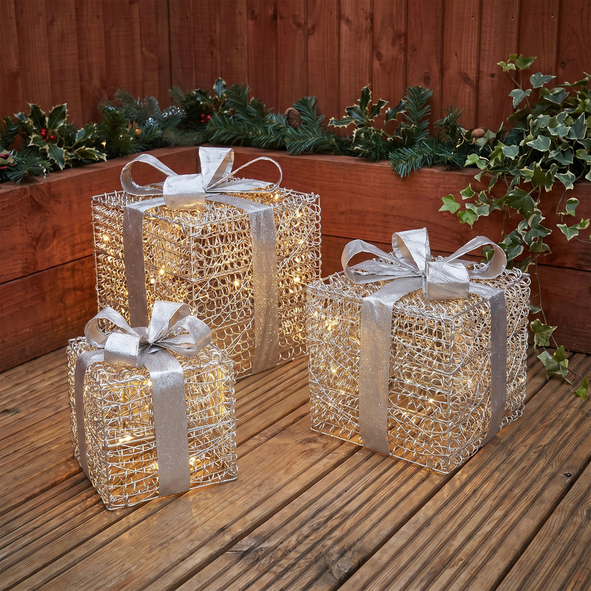 Pre-Lit Christmas Silver Curly Set of 3 Presents with 3000 Warm White LED Micro-Lights