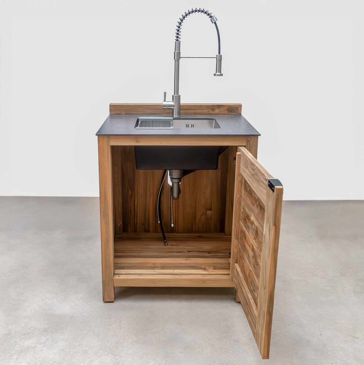 Draco Grills Teak 4 Burner Outdoor Kitchen with Modular Cupboards, Drawers, Sink, Double Fridge, Corner Cabinet