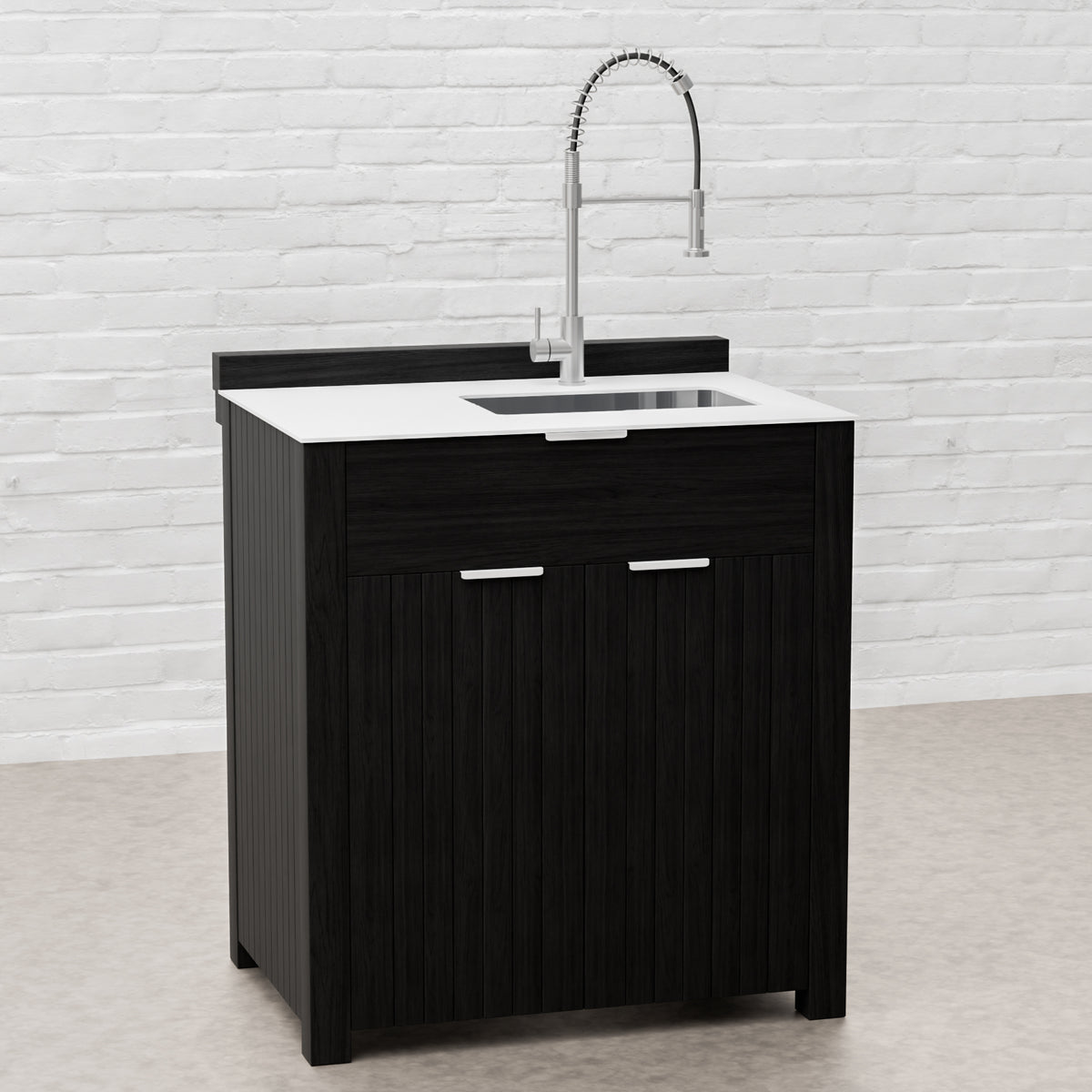 Draco Grills Teak Carbon Line Modular Outdoor Kitchen 6 Burner Black Stainless Steel Barbecue with Double Fridge, Sink and Cupboard