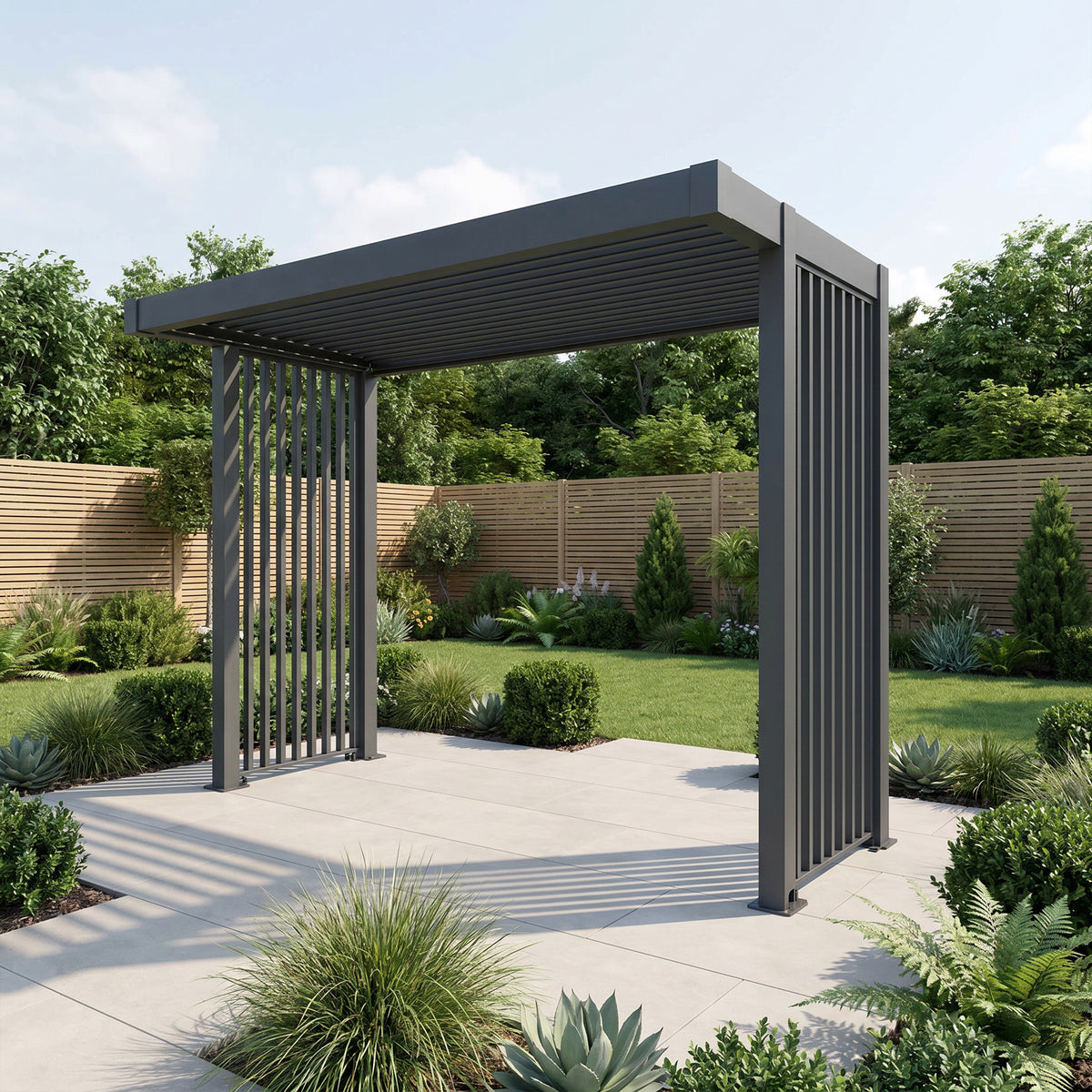 Bracken Outdoors Grey Aluminium BBQ Pergola with Linear Laser Cut Privacy Panels