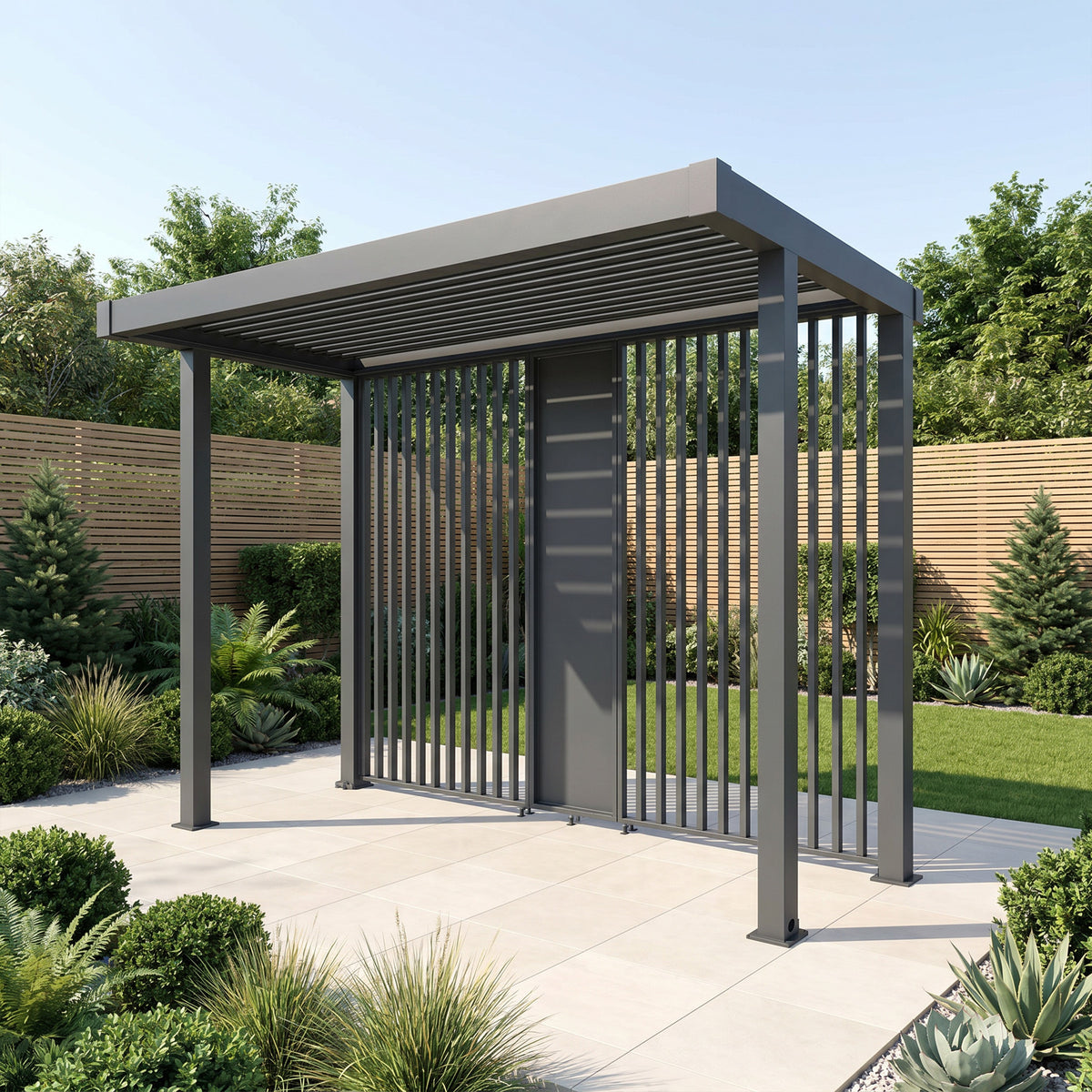 Bracken Outdoors Grey Aluminium BBQ Pergola with Linear Laser Cut Privacy Panels