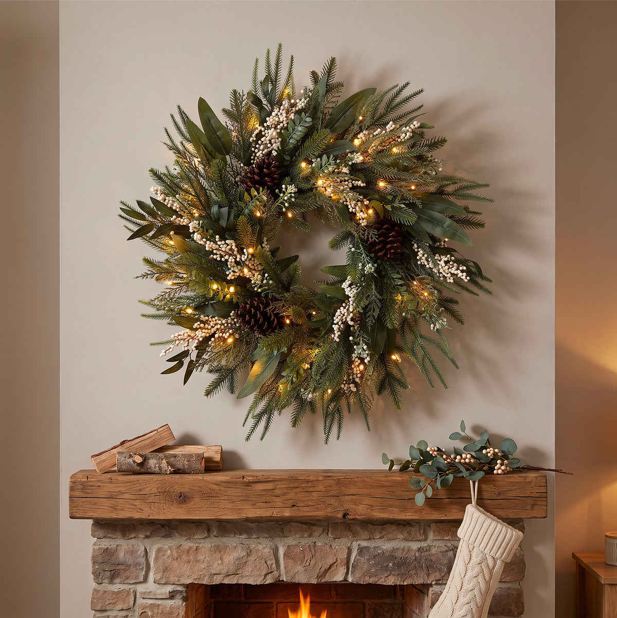 The Christmas Centre Winter Glow 26in (66cm) Prelit Christmas Wreath with Warm White Battery Operated LED Lights