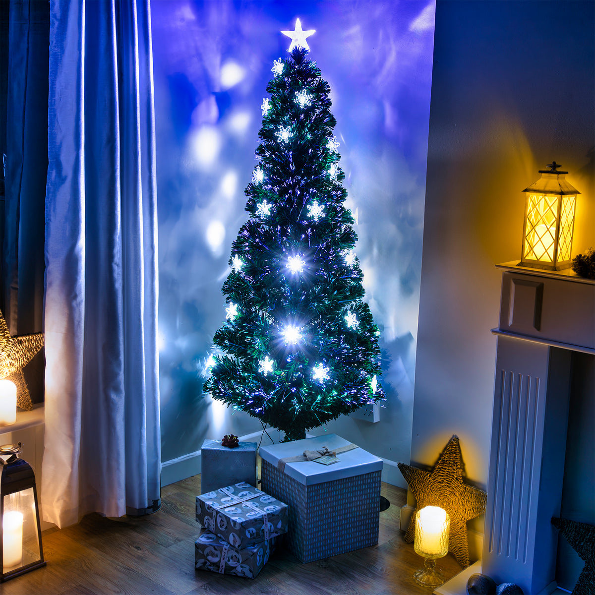 Snowflake Fibre Optic Christmas Tree with White LED Lights 2-6ft