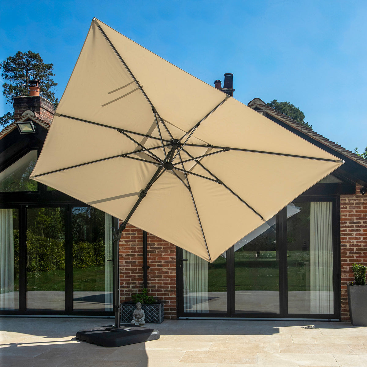 Bracken Outdoors Ecru 3m x 3m Square Cantilever Parasol With Solar LED Lights &amp; FREE Base