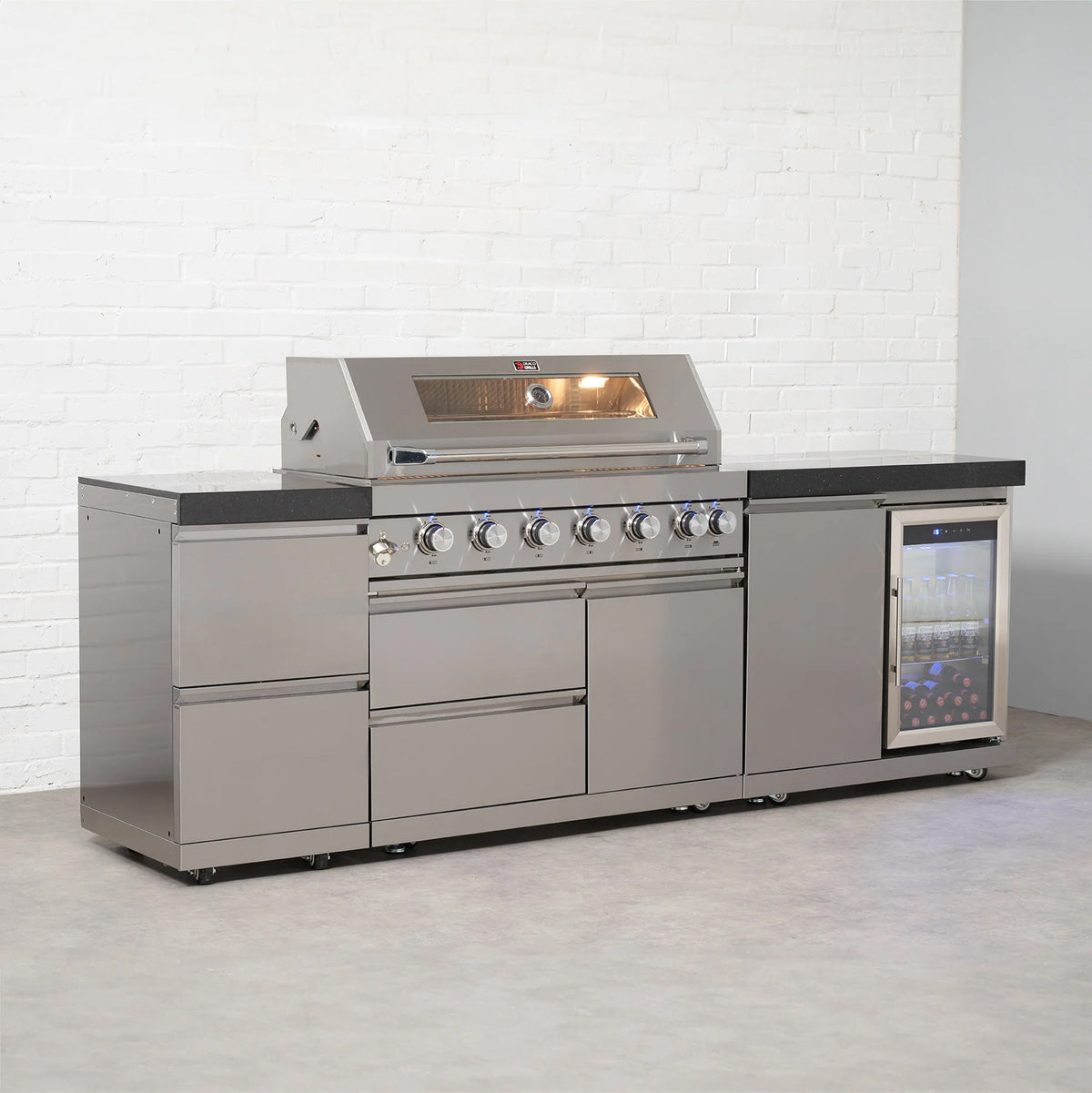 Draco Grills 6 Burner BBQ Modular Outdoor Kitchen with Double Drawers and Single Fridge Unit