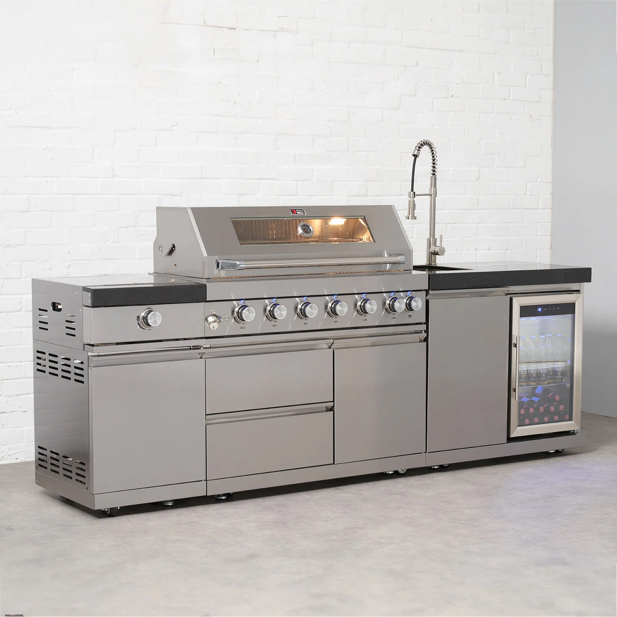 Draco Grills 6 Burner BBQ Modular Outdoor Kitchen with Sear Station, Sink and Fridge Unit