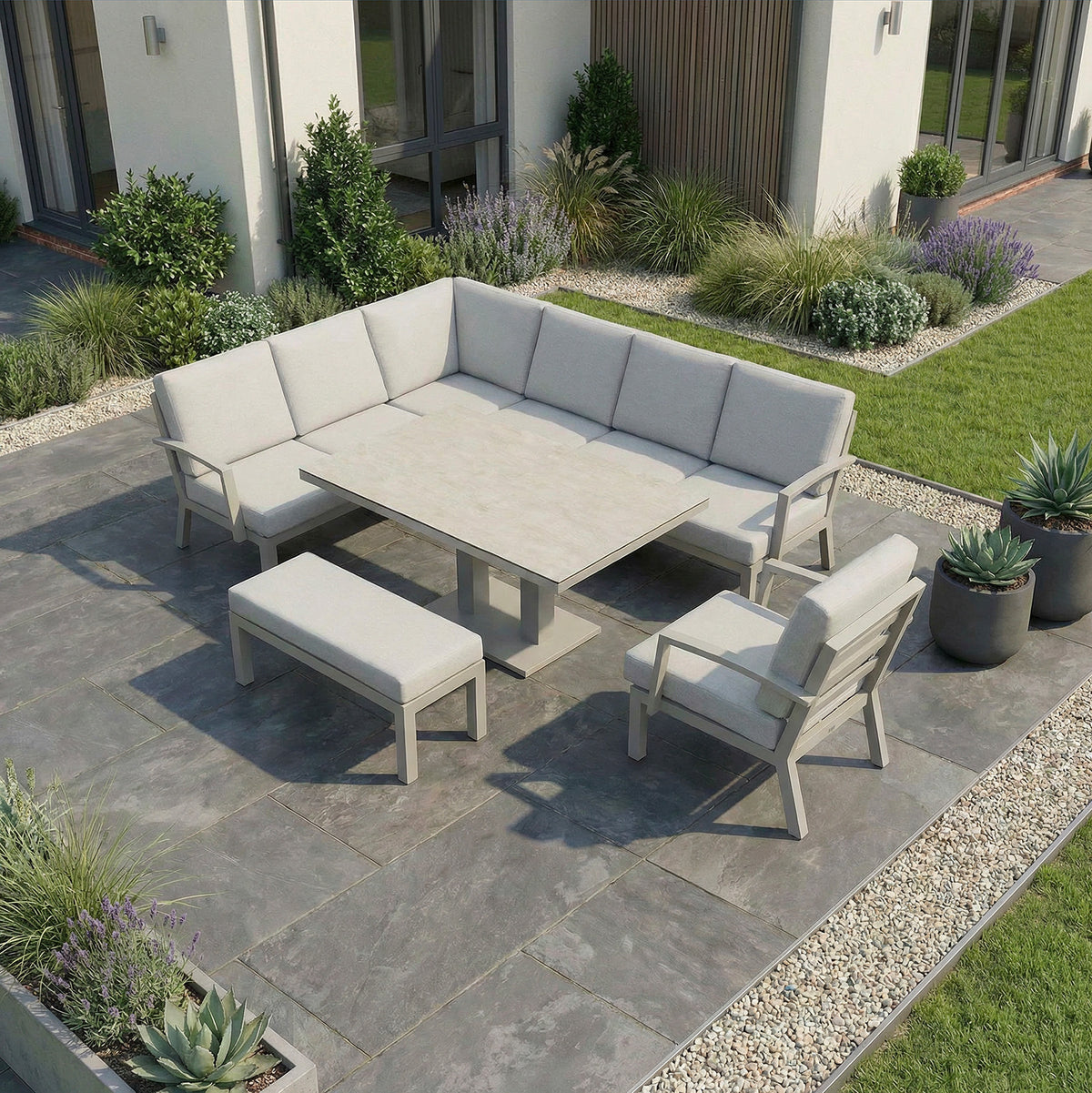 Bracken Outdoors Miami Stone Aluminium Rectangular Corner Set with Adjustable Table Bench and Armchair