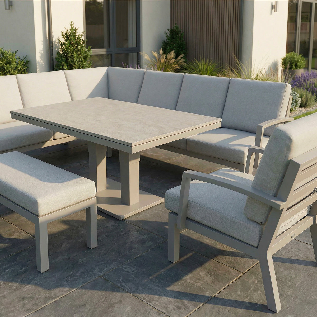Bracken Outdoors Miami Stone Aluminium Rectangular Corner Set with Adjustable Table Bench and Armchair