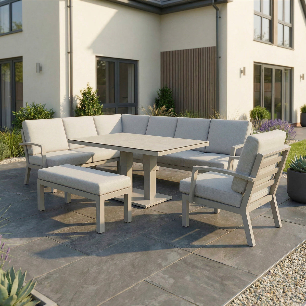 Bracken Outdoors Miami Stone Aluminium Rectangular Corner Set with Adjustable Table Bench and Armchair