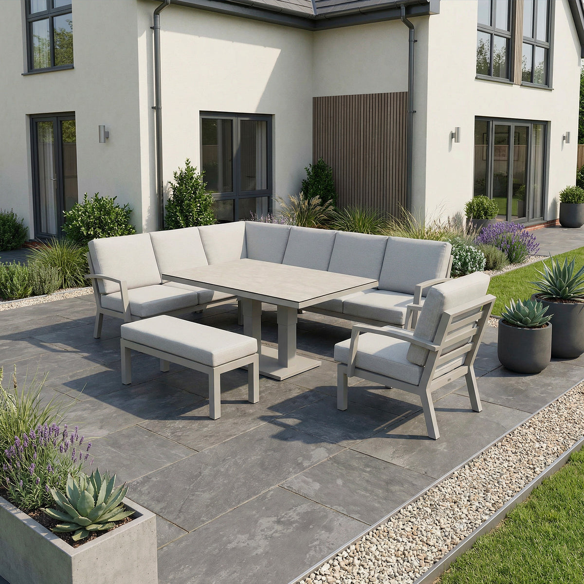 Bracken Outdoors Miami Stone Aluminium Rectangular Corner Set with Adjustable Table Bench and Armchair
