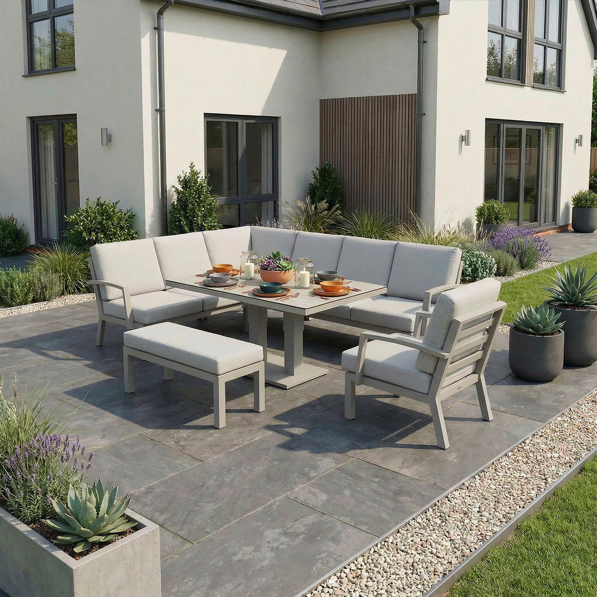 Bracken Outdoors Miami Stone Aluminium Rectangular Corner Set with Adjustable Table Bench and Armchair