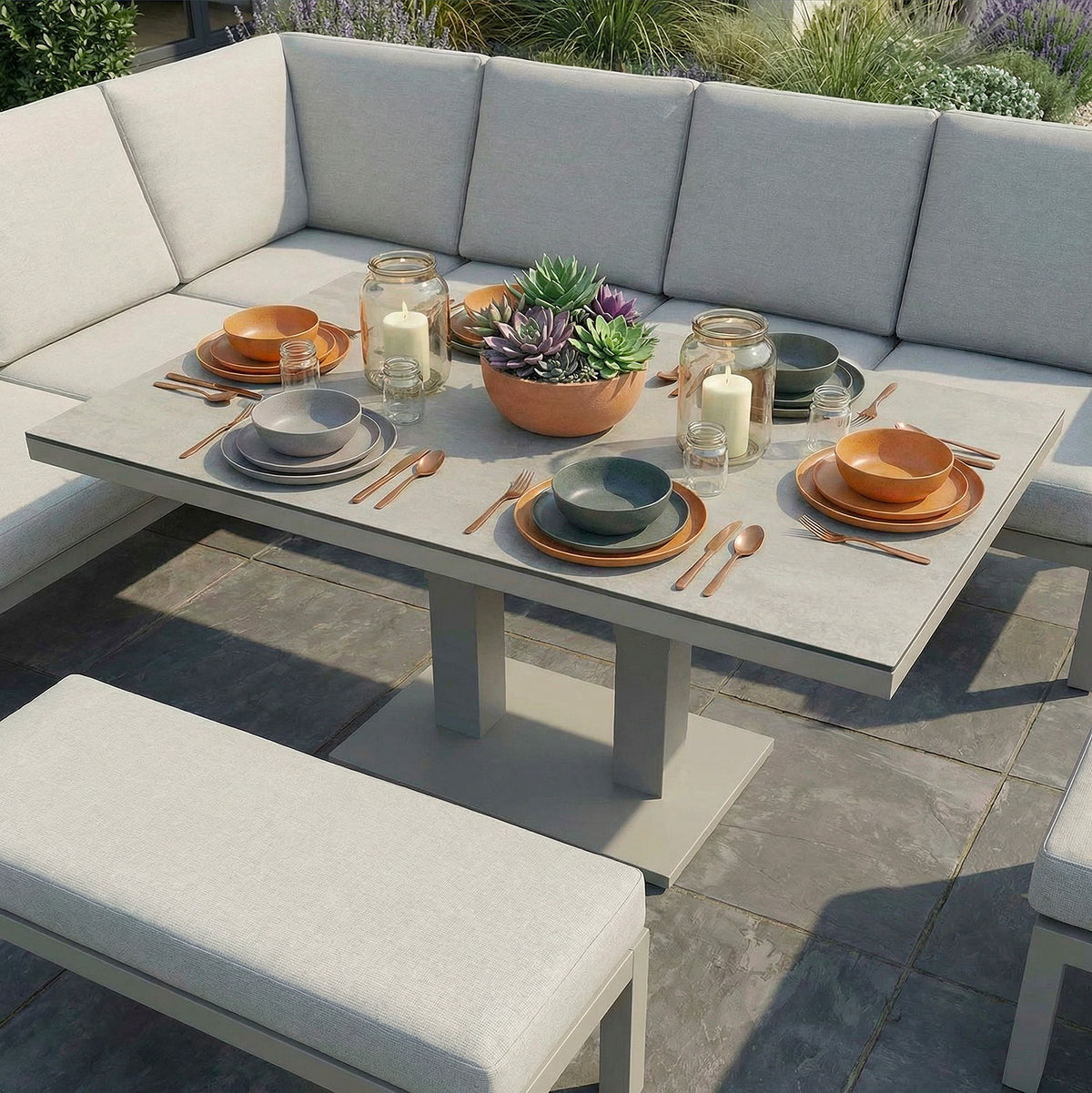 Bracken Outdoors Miami Stone Aluminium Rectangular Corner Set with Adjustable Table Bench and Armchair