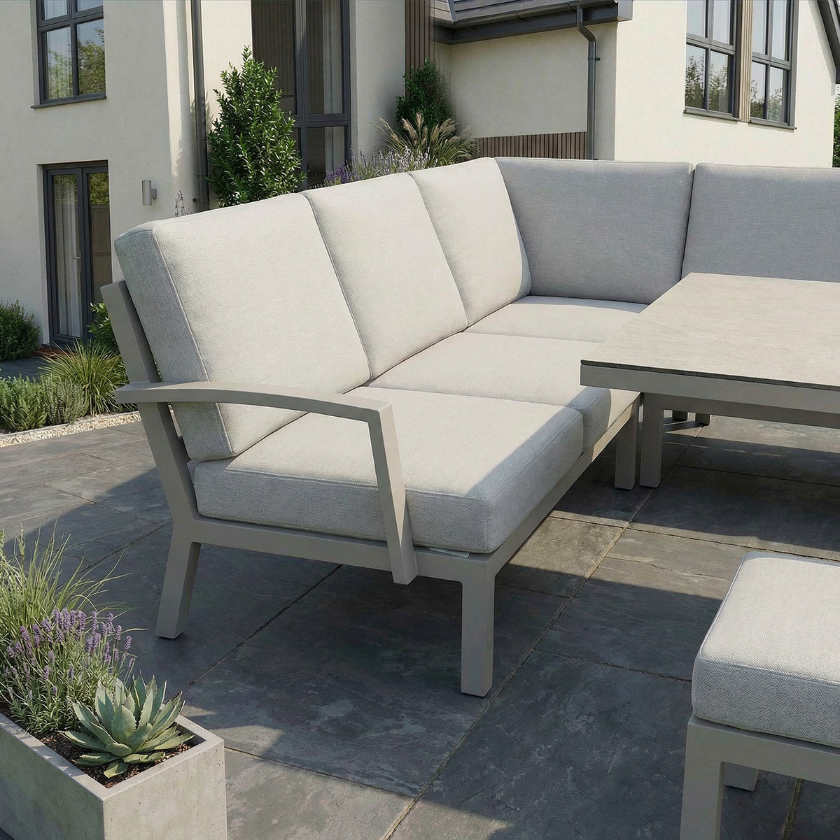 Bracken Outdoors Miami Stone Aluminium Rectangular Corner Set with Adjustable Table Bench and Armchair