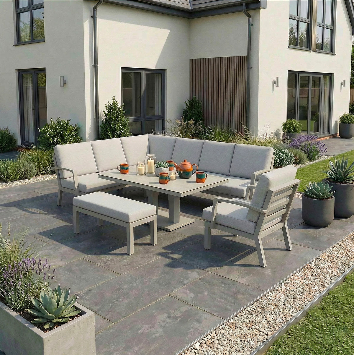 Bracken Outdoors Miami Stone Aluminium Rectangular Corner Set with Adjustable Table Bench and Armchair