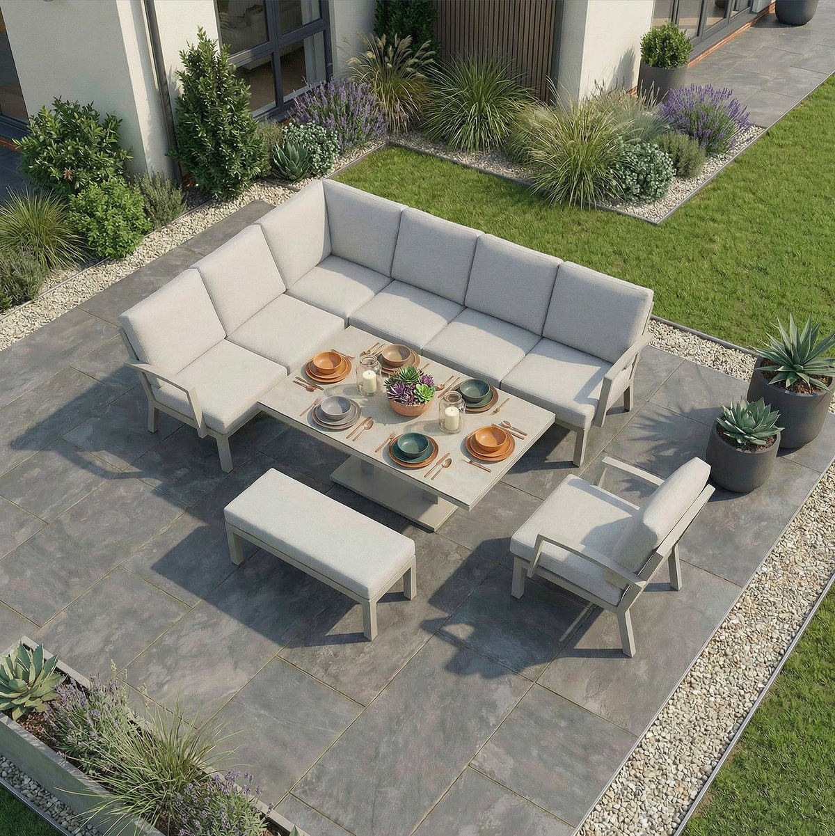 Bracken Outdoors Miami Stone Aluminium Rectangular Corner Set with Adjustable Table Bench and Armchair