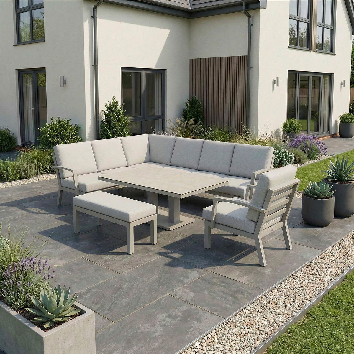 Bracken Outdoors Miami Stone Aluminium Rectangular Corner Set with Adjustable Table Bench and Armchair