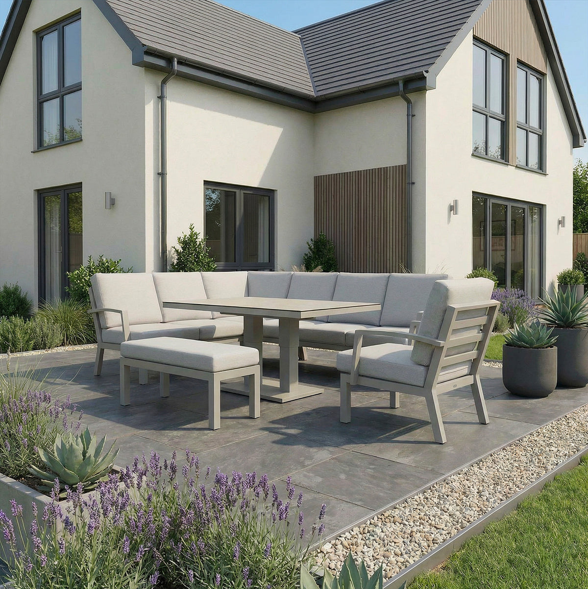 Bracken Outdoors Miami Stone Aluminium Rectangular Corner Set with Adjustable Table Bench and Armchair