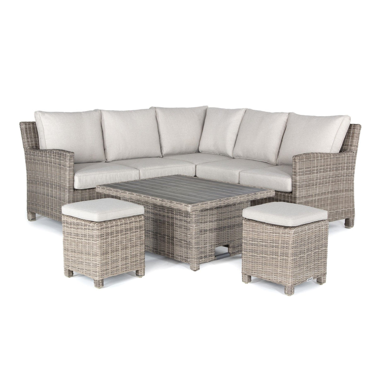 Kettler Palma Signature Mini Corner Oyster Wicker Outdoor Sofa Set with High Low Slat Top Table