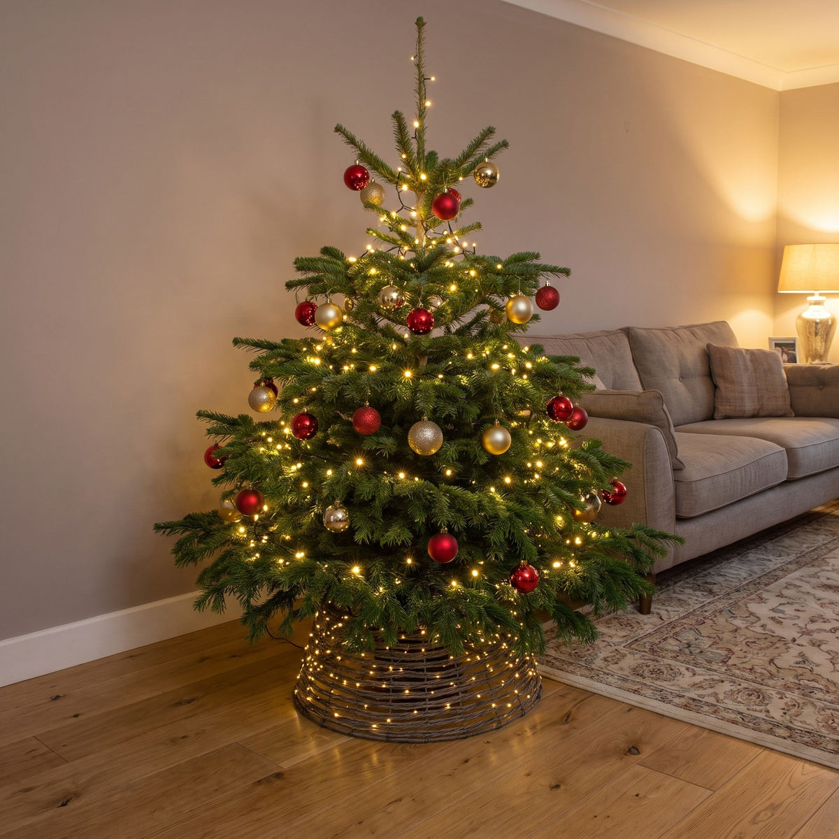 Pre-Lit Christmas Brown Vine Weave Tree Skirt with 400 Warm White LED Micro-Lights