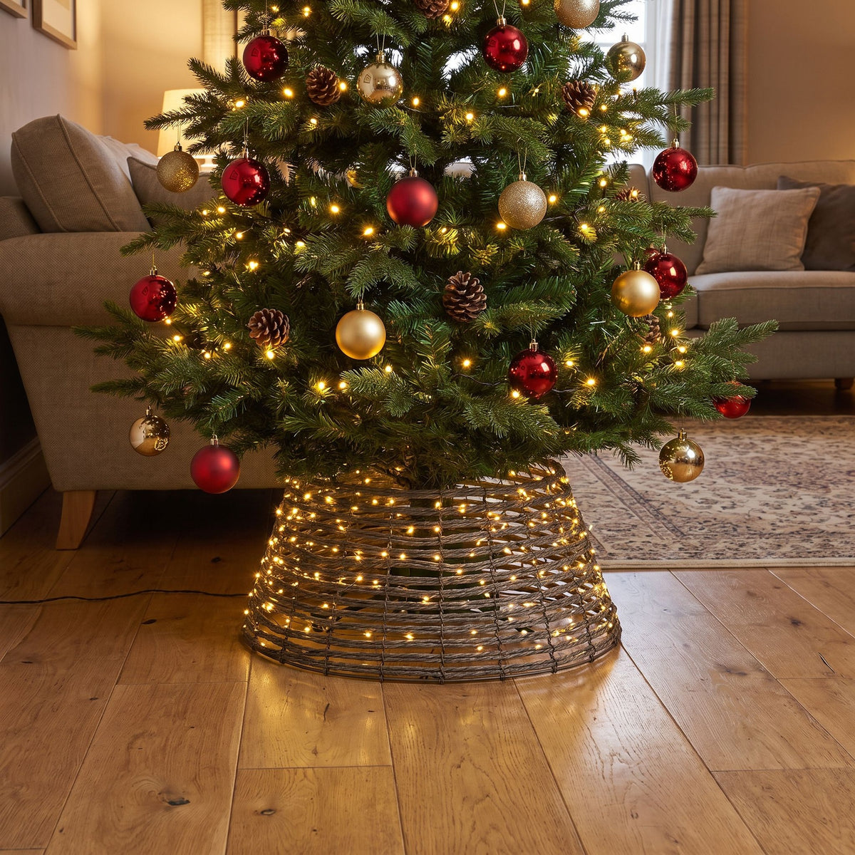 Pre-Lit Christmas Brown Vine Weave Tree Skirt with 400 Warm White LED Micro-Lights