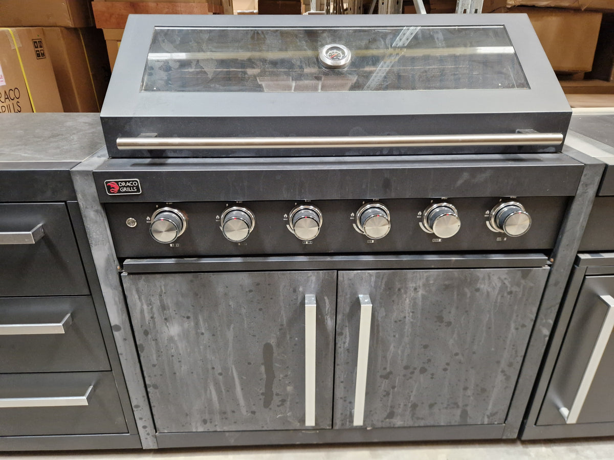 Ex Display Draco Grills Fusion 6 Burner Black Outdoor Kitchen with Side Burner and Single Fridge Unit