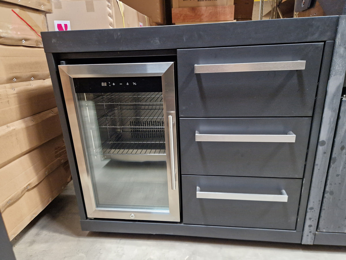 Ex Display Draco Grills Fusion 6 Burner Black Outdoor Kitchen with Side Burner and Single Fridge Unit