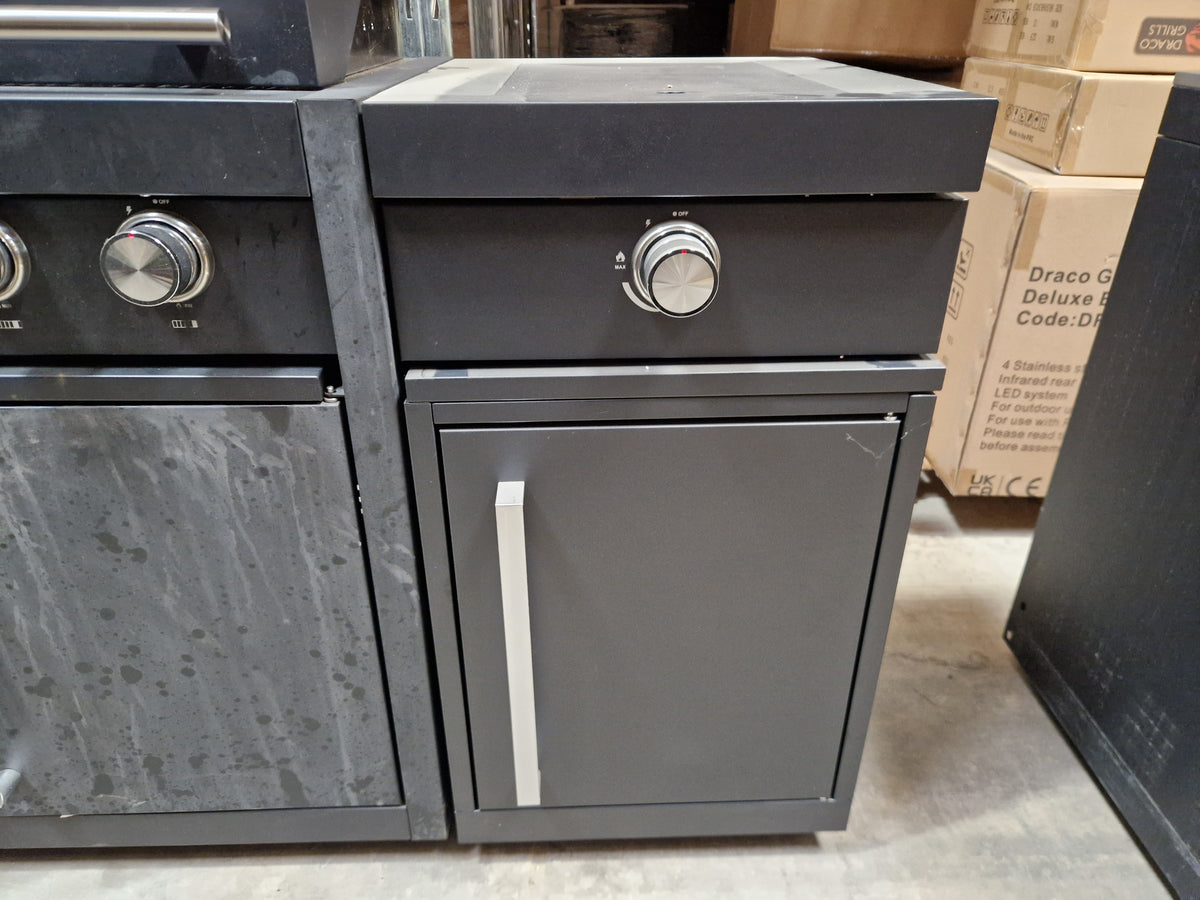 Ex Display Draco Grills Fusion 6 Burner Black Outdoor Kitchen with Side Burner and Single Fridge Unit