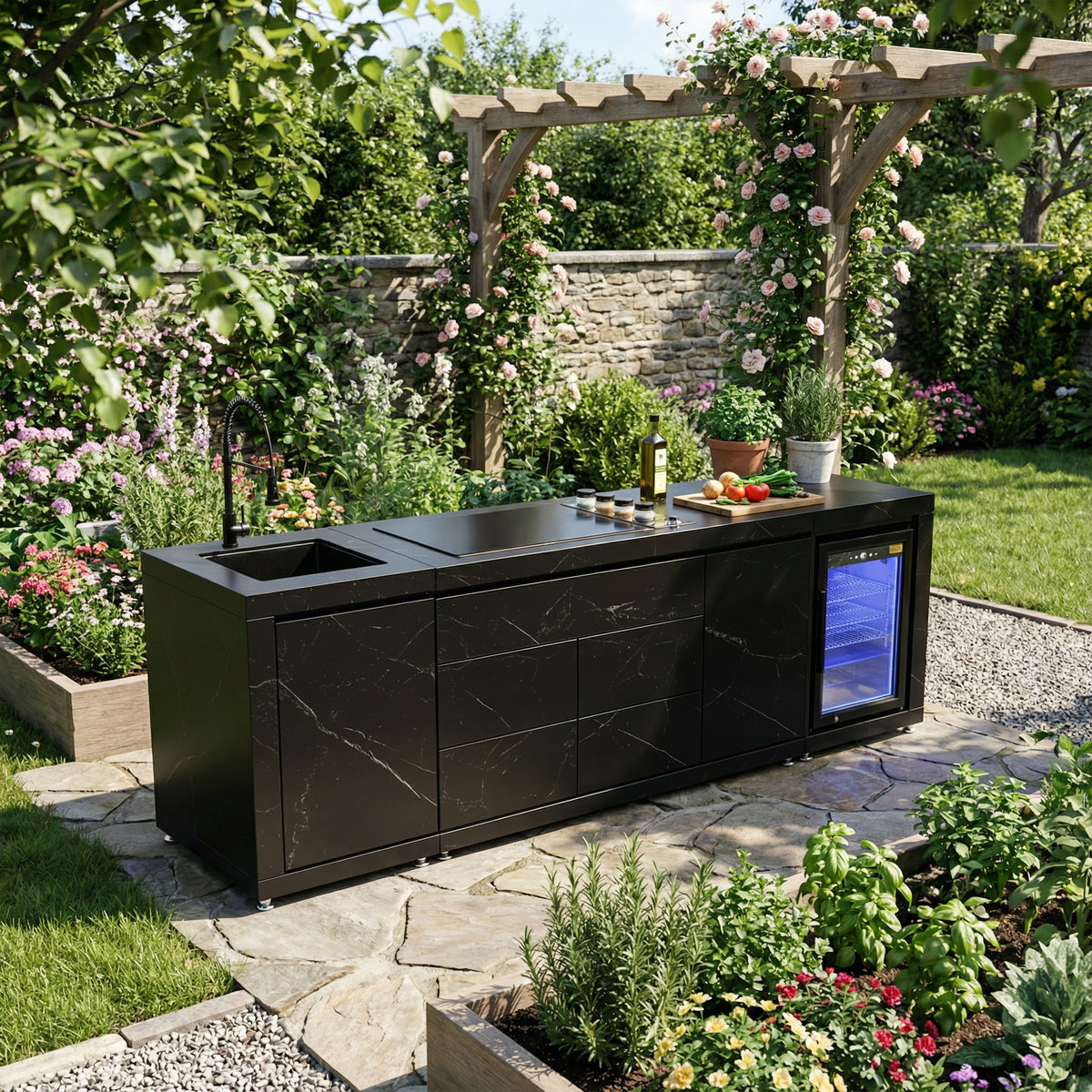 Draco Grills Vantage Sintered Stone Linear Outdoor Kitchen with 4 Burner Barbecue