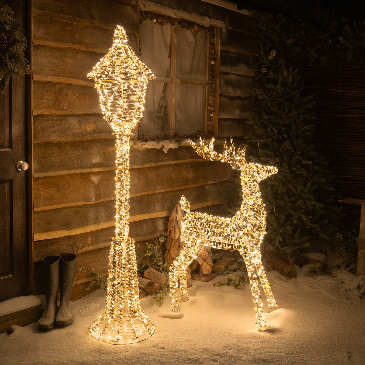 Pre-Lit Christmas Gold Laser Lamp Post with Reindeer and Warm White LED Micro-Lights