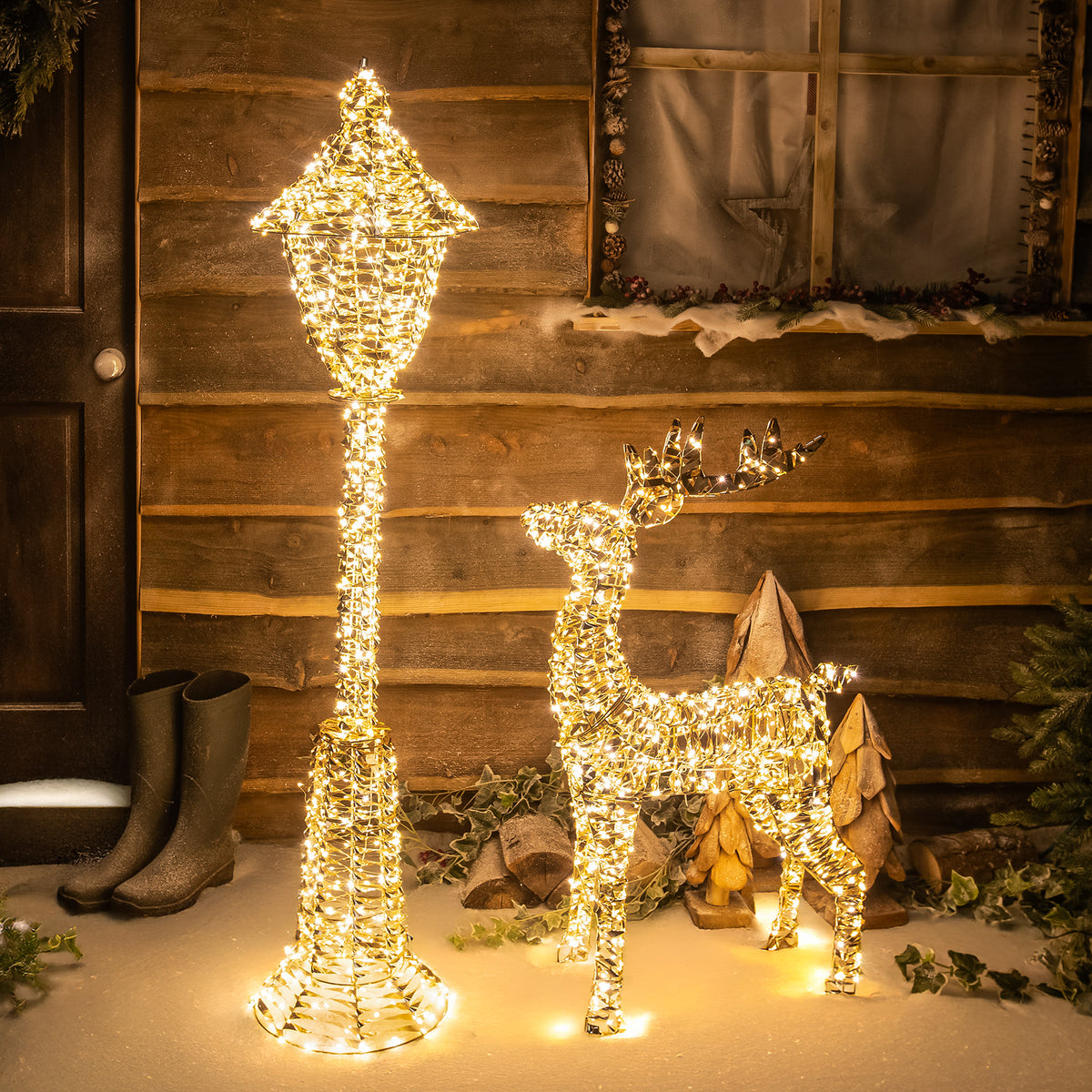 Pre-Lit Christmas Gold Laser Lit Reindeer & Lamp post with Warm White LED Micro-Lights