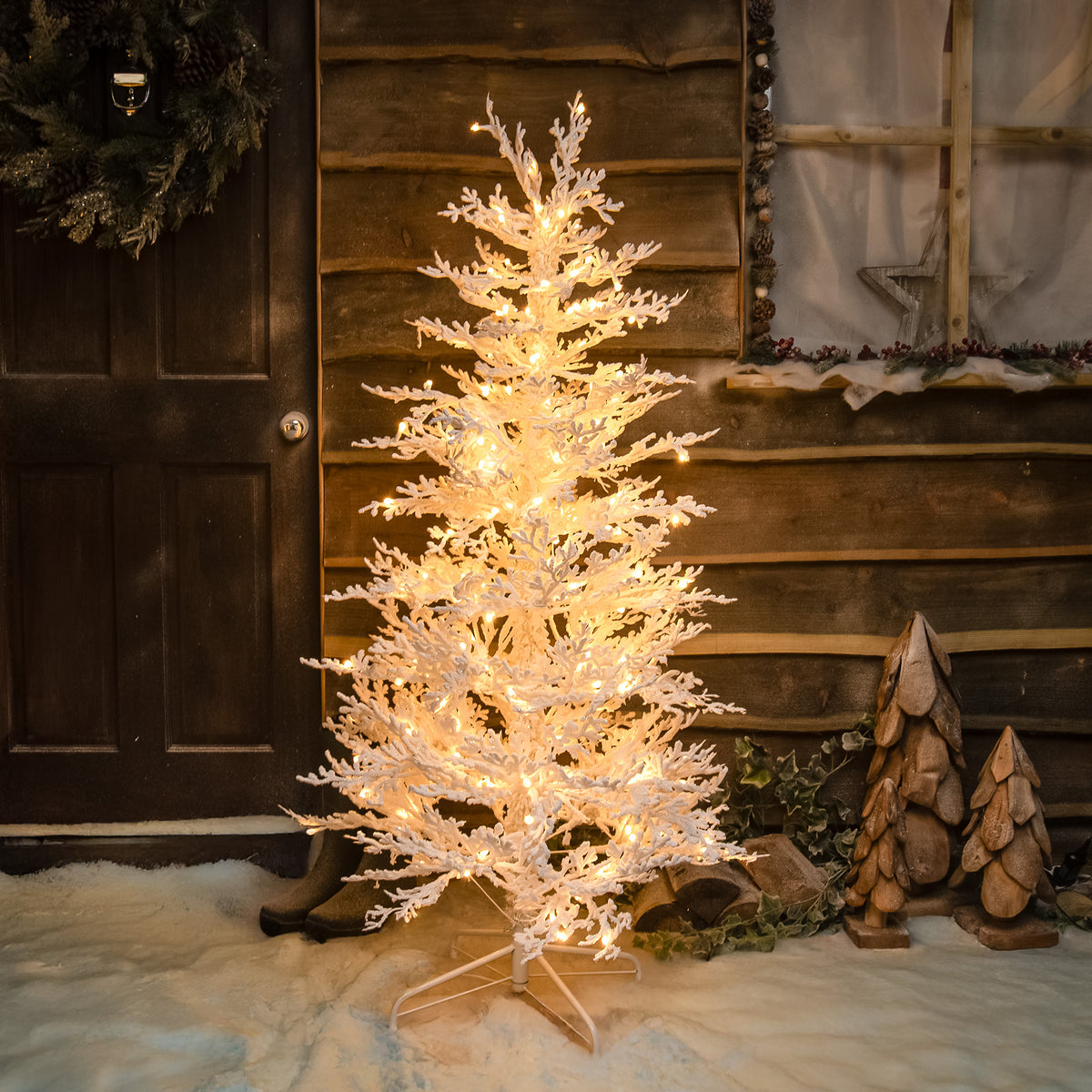 Pre-Lit Christmas Light-Up Snow Effect Tree 150cm with 200 Warm White LEDs