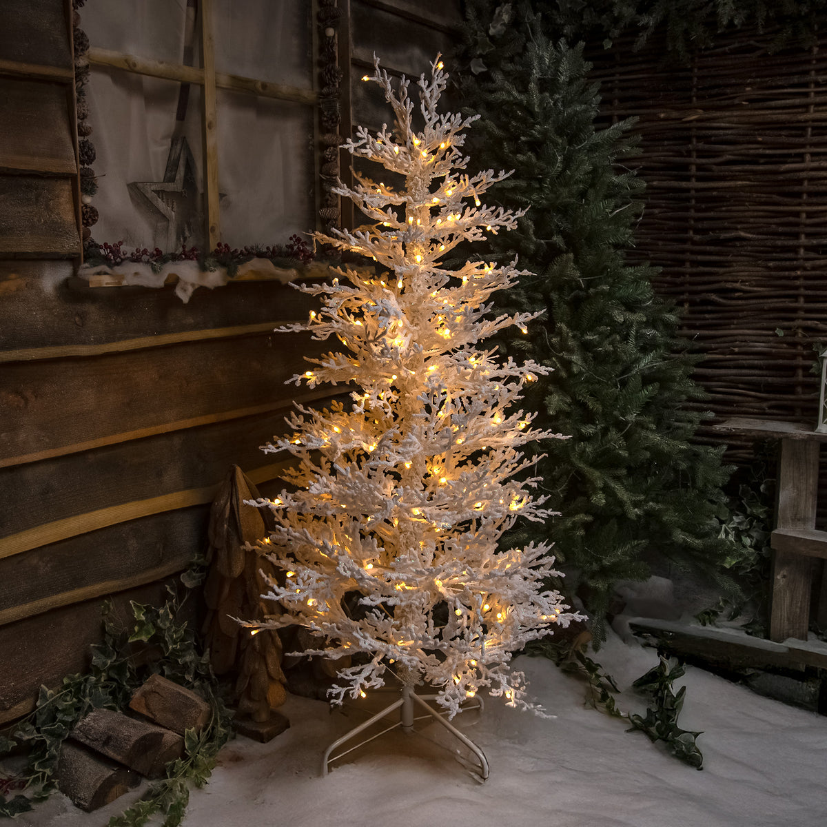 Pre-Lit Christmas Light-Up Snow Effect Tree 150cm with 200 Warm White LEDs