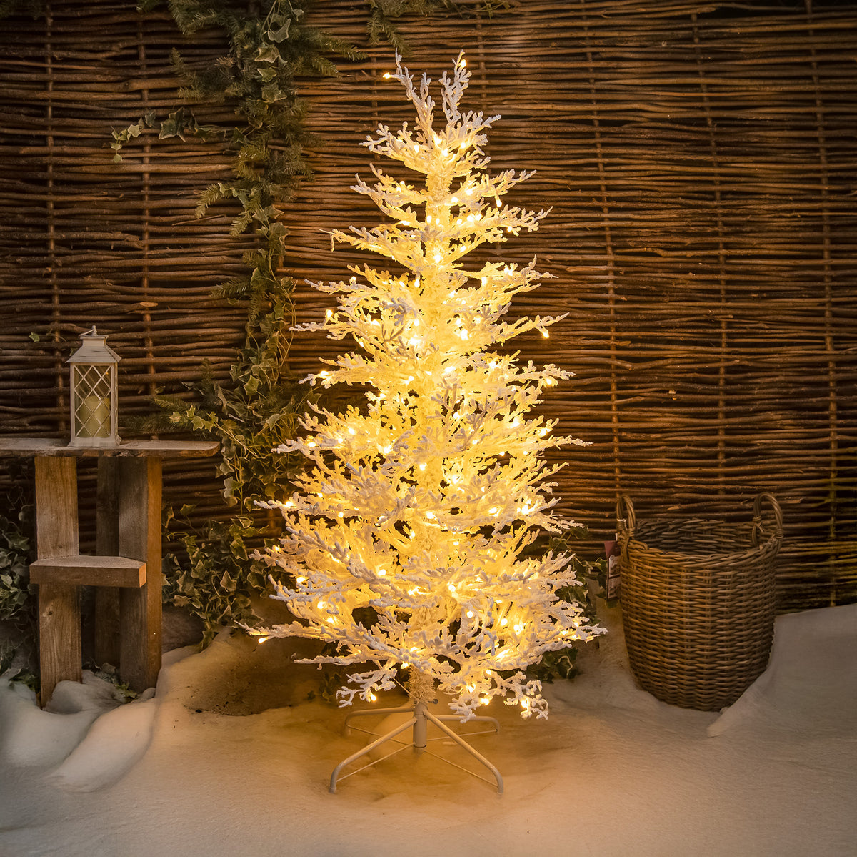 Pre-Lit Christmas Light-Up Snow Effect Tree 150cm with 200 Warm White LEDs