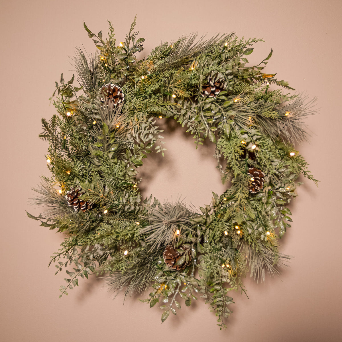 The Christmas Centre Winter Woodland 26in (66cm) Prelit Christmas Wreath with Warm White Battery Operated LED Lights