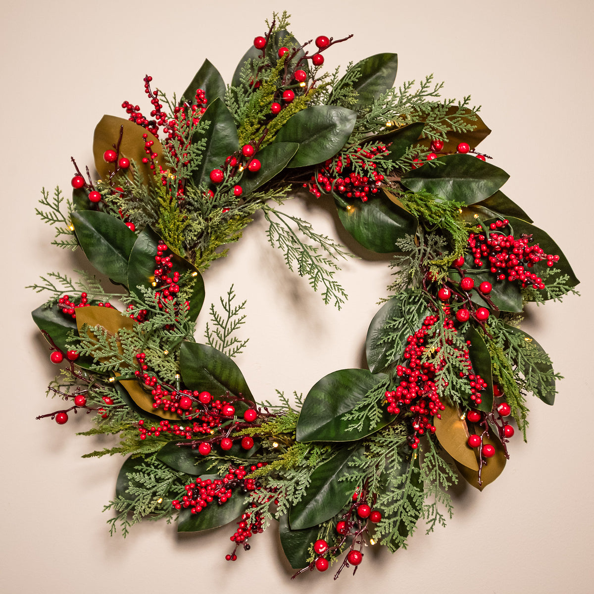 The Christmas Centre Magnolia Berry 26in (66cm) Prelit Christmas Wreath with Warm White Battery Operated LED Lights