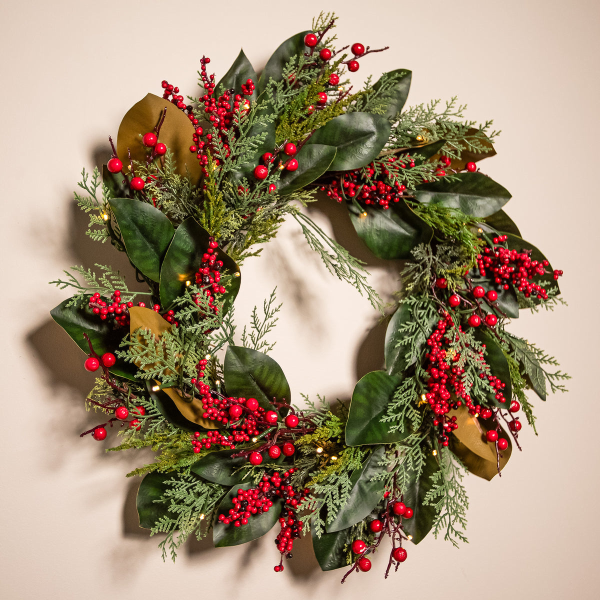 The Christmas Centre Magnolia Berry 26in (66cm) Prelit Christmas Wreath with Warm White Battery Operated LED Lights