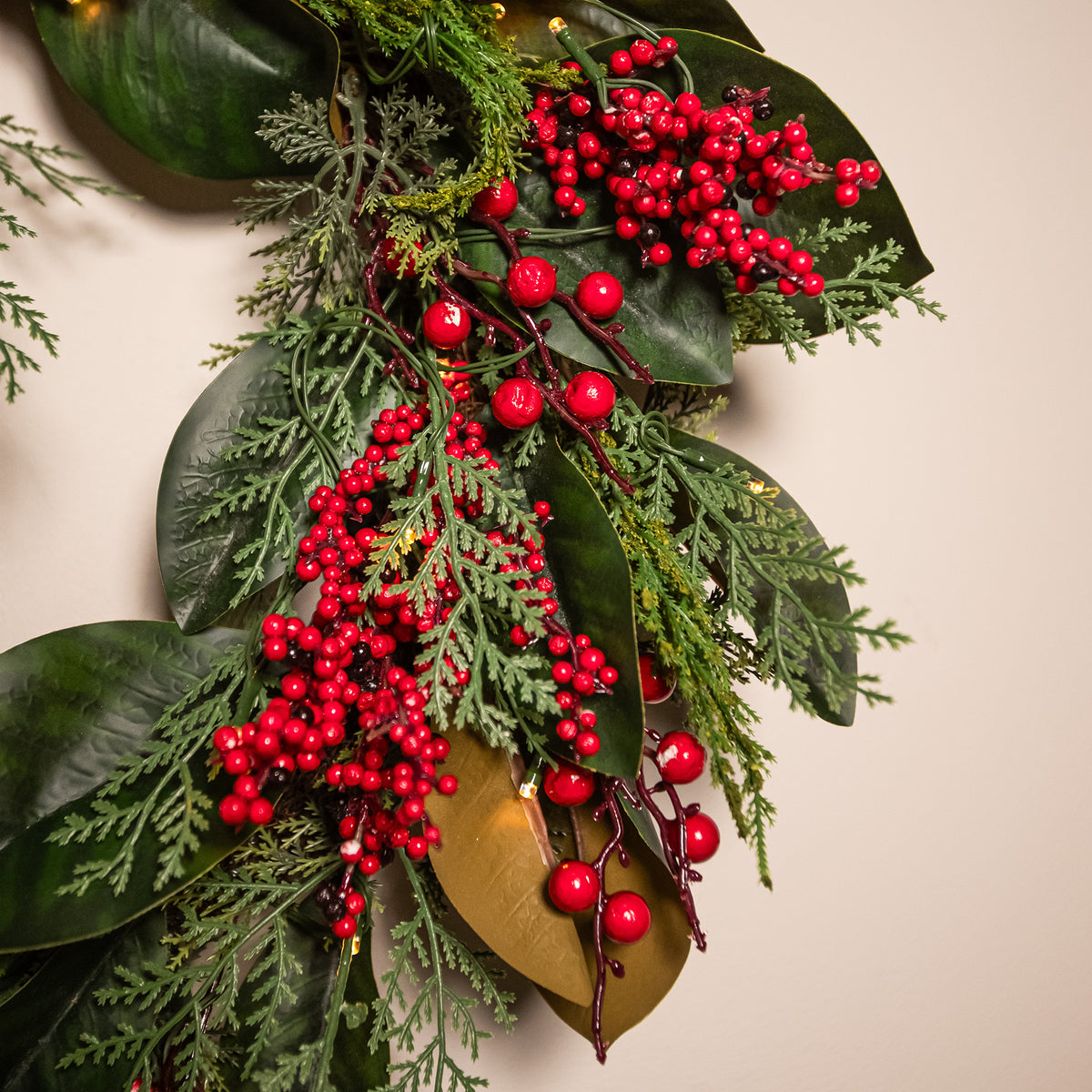 The Christmas Centre Magnolia Berry 26in (66cm) Prelit Christmas Wreath with Warm White Battery Operated LED Lights