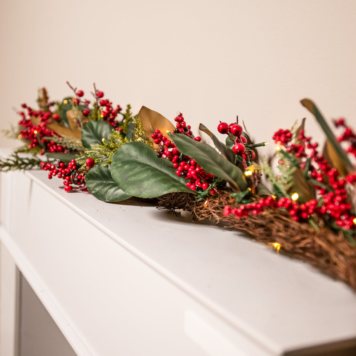 The Christmas Centre Magnolia Berry 6ft (180cm) Prelit Christmas Garland with Warm White Battery Operated LED Lights